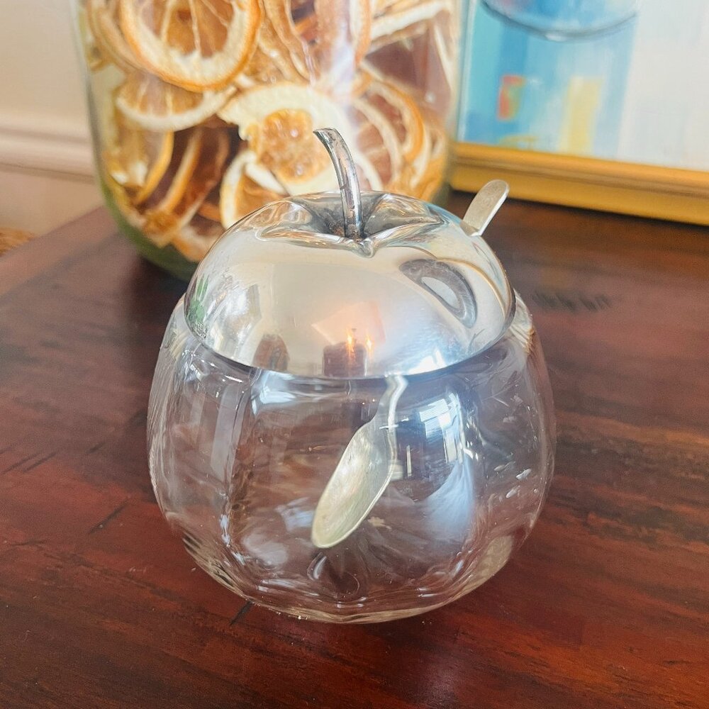 Antique Silver and Glass Apple Jam Jar w/ Spoon England Cottagecore Early 1920s